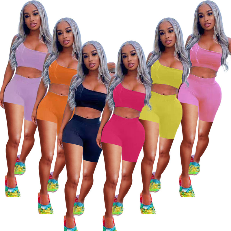 Fashion Asymmetry Solid Color Sports Two Piece Sets TK 6162