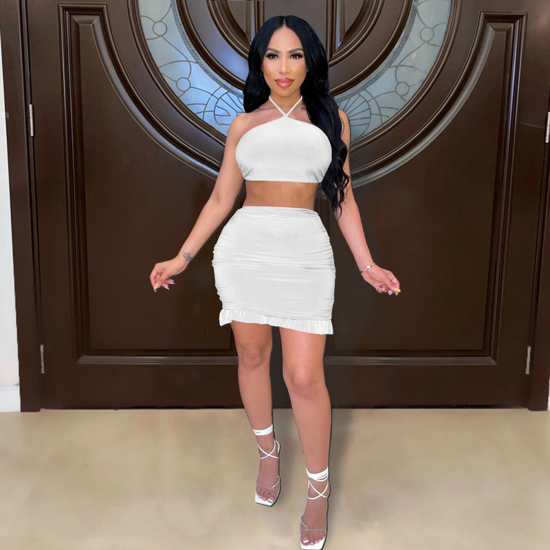 Solid Halter Crop Top Mini Skirt 2 Piece Sets YIBF 60137