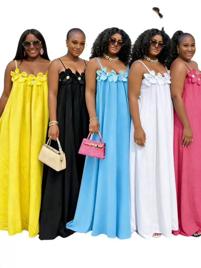 Solid Color Floral Print Maxi Dress GADE 10388