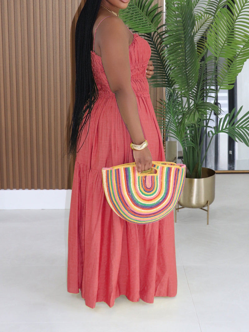Solid Color Ruched Sling Maxi Dress AIL 349