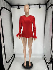 Feather Splicing Long Sleeve Backless Romper QXLB 10099