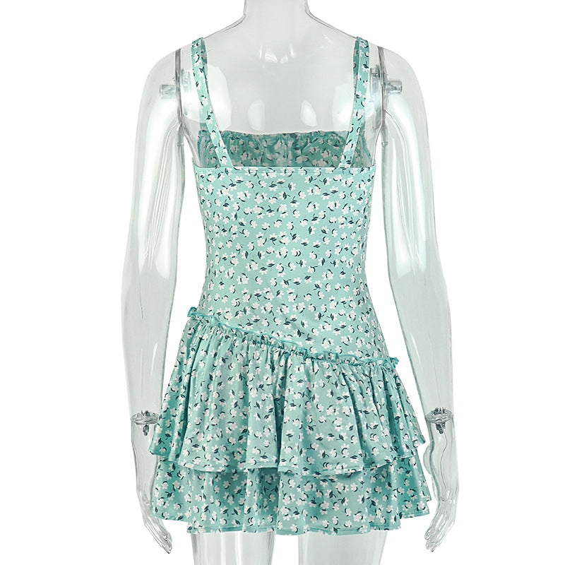Casual Print Pleated Sling MIni Dress GJYO JD305691