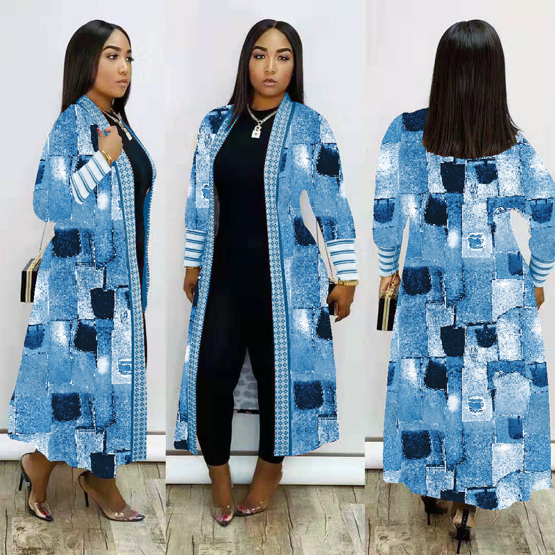 Plus Size Print Long Sleeve Knit Coat GRNH 8078