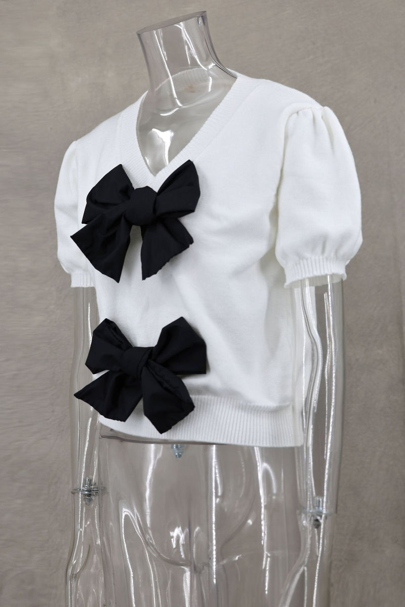 V Neck Short Sleeve Double Bow Solid Sweater GLYK LX045