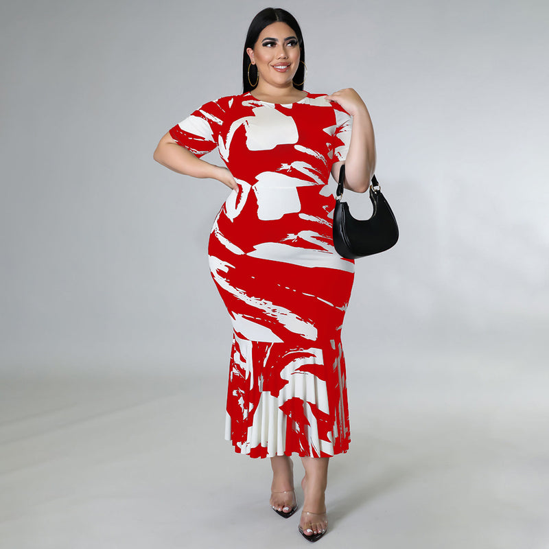 Plus Size Short Sleeve Ruffles Long Dress NNWF 7459