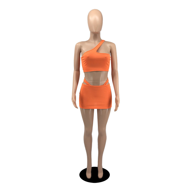 Sexy Solid One Shoulder Mini Skirt 2 Piece Sets YIBF 6075