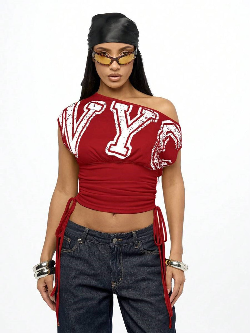 Slash Shoulder Letter Print T Shirts GFCF 1520