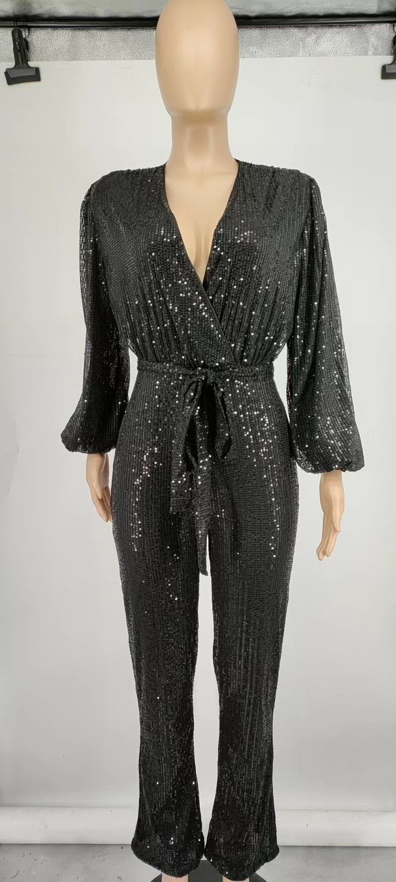 Sequin Deep V Neck Tie Up Jumpsuit GYOM 8794