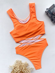 Solid Hollow Out Bikini One Piece Swimsuit CASF 6289