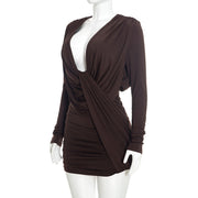 Deep V Neck Logn Sleeve Ruched Mini Dress GSZM C26DS333