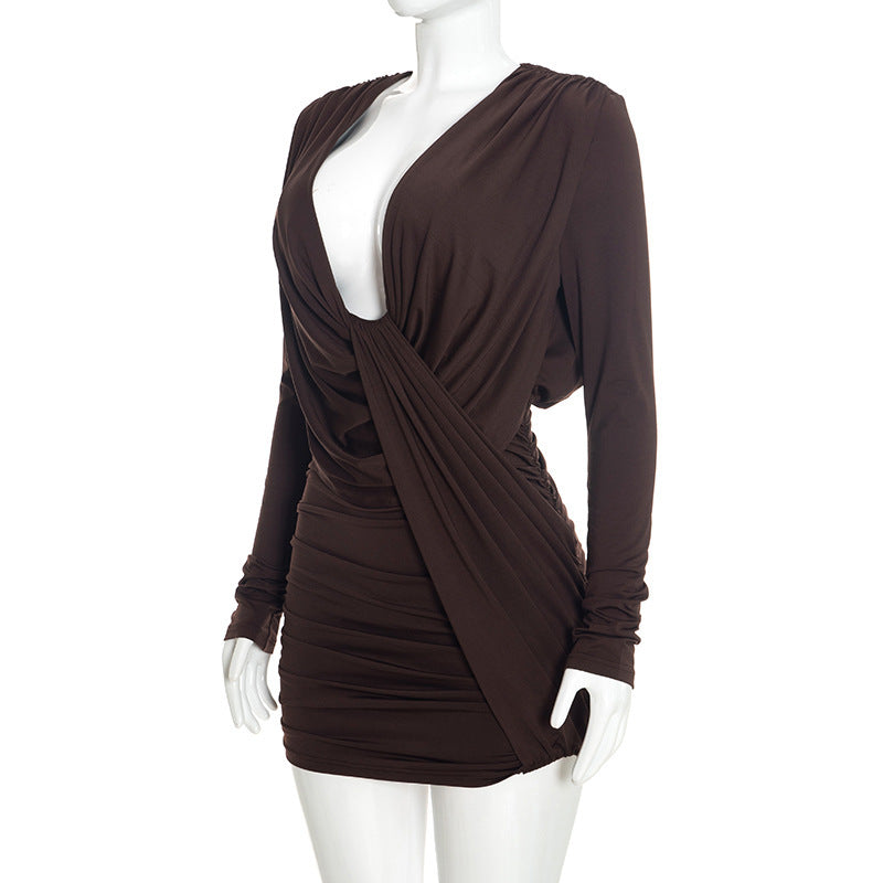 Deep V Neck Logn Sleeve Ruched Mini Dress GSZM C26DS333
