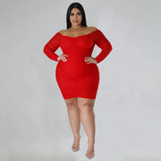 Plus Size Sexy Ruched Long Sleeve Bodycon Dress NNWF 7697