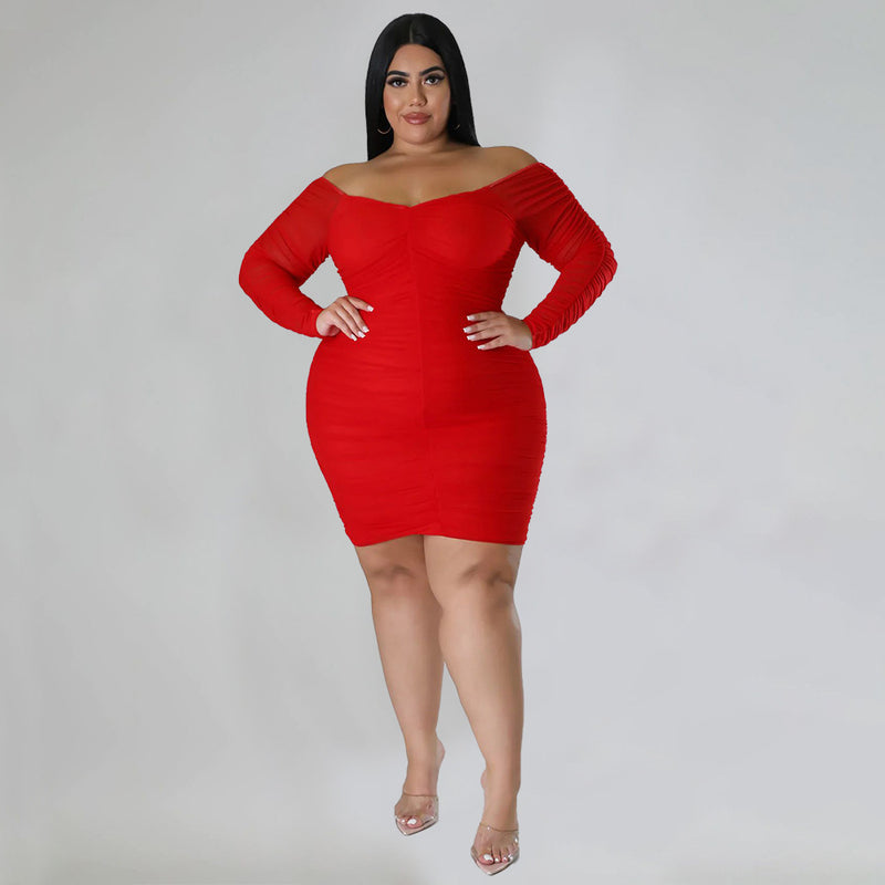 Plus Size Sexy Ruched Long Sleeve Bodycon Dress NNWF 7697