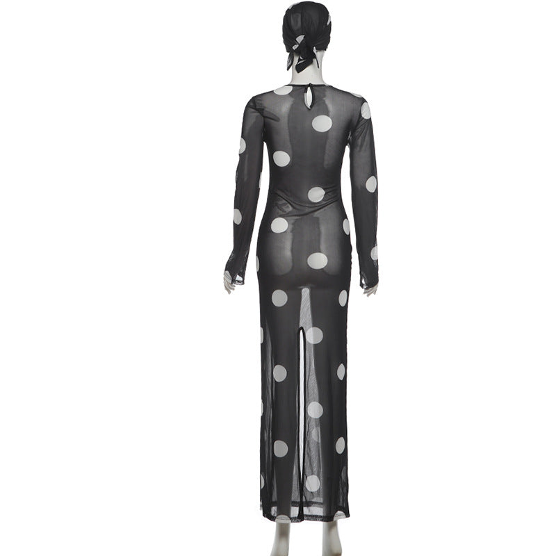 Mesh See Through Print Maxi Dress With Headscarf GZJQ K6S14679A