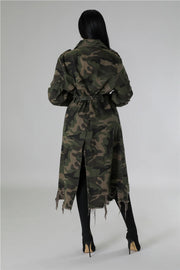 Camouflage Print Holes Long Trench Coat SH 391323