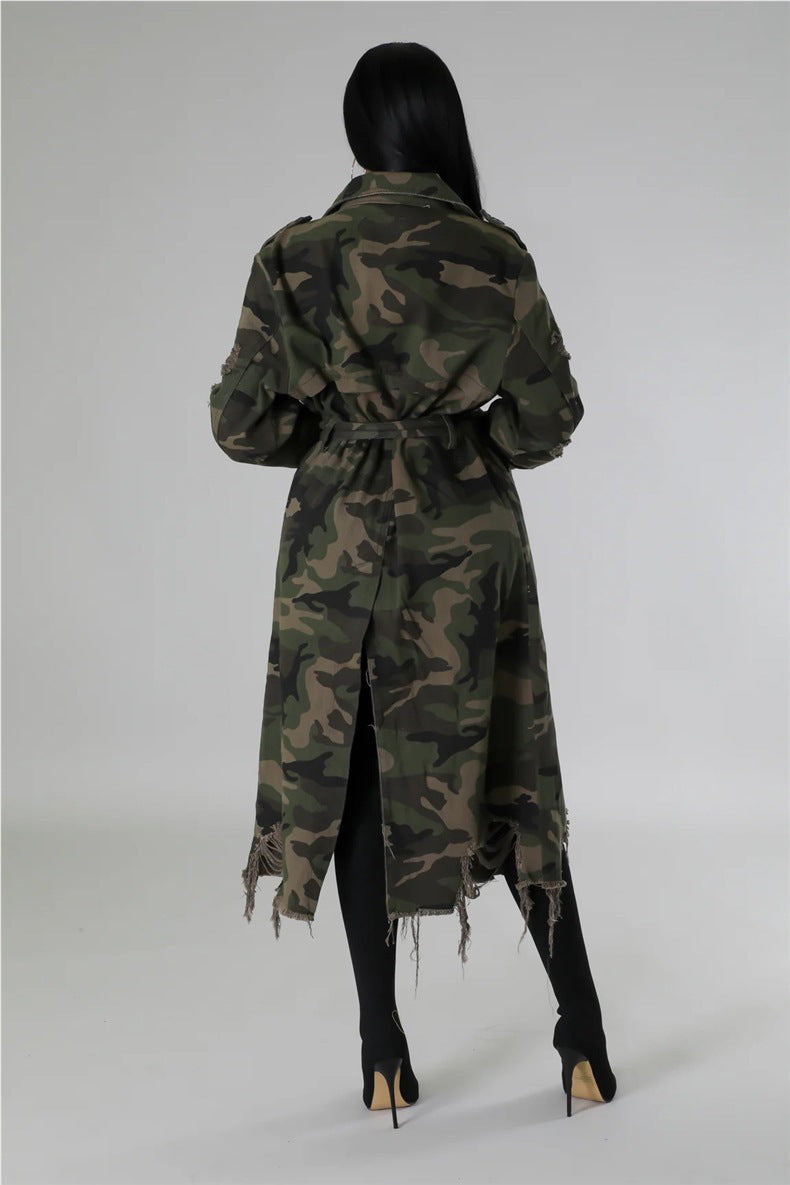 Camouflage Print Holes Long Trench Coat SH 391323