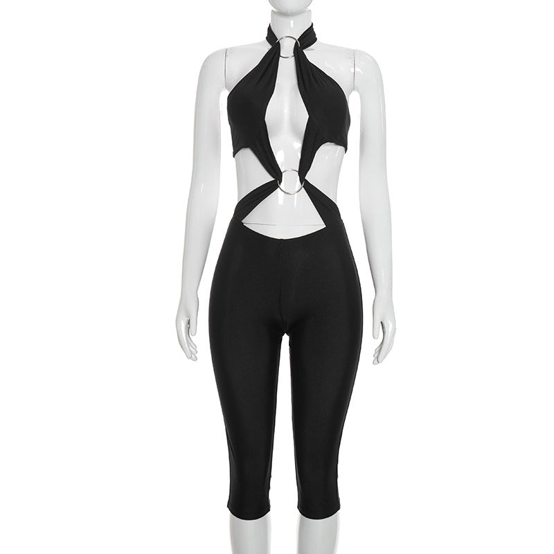 Solid Color Hollow Out Backless Seventh Jumpsuit MXBF C26JP306