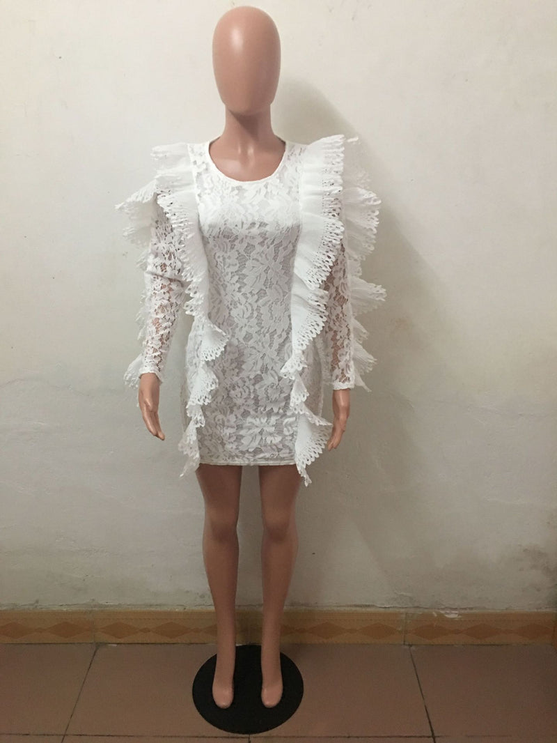 Long Sleeve Ruffles Bodycon Lace Dress LX 3081