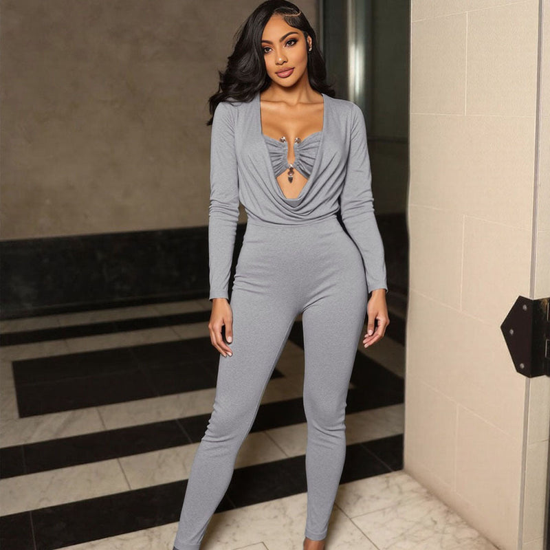 Solid Color Wrap Chest Long Sleeve Jumpsuit XEF K25Q77505