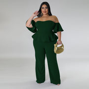 Plus Size Off Shoulder Short Sleeve Wide Leg Jumpsuit NNWF 7797