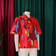 Plus Size Print Tie Up Bubble Sleeve Shirt GATE 561