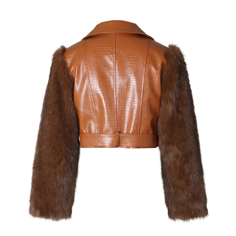 Patchwork Fur Faux Leather Short Jacket ZSD 0772