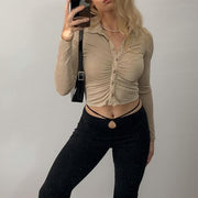 Pleated Lapel Single Breasted Long Sleeve Shirt GYSM W0292