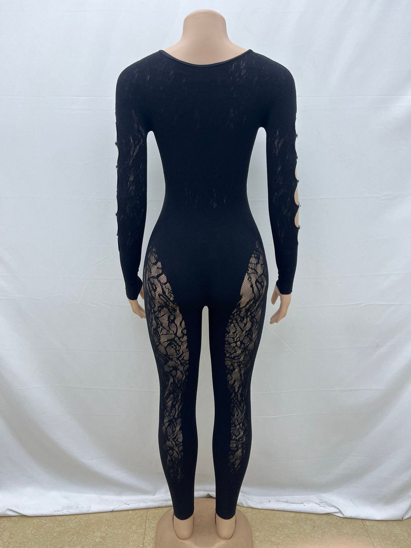 Lace Hollow Out Long Sleeve Knits Jumpsuit GQNF F00005Q