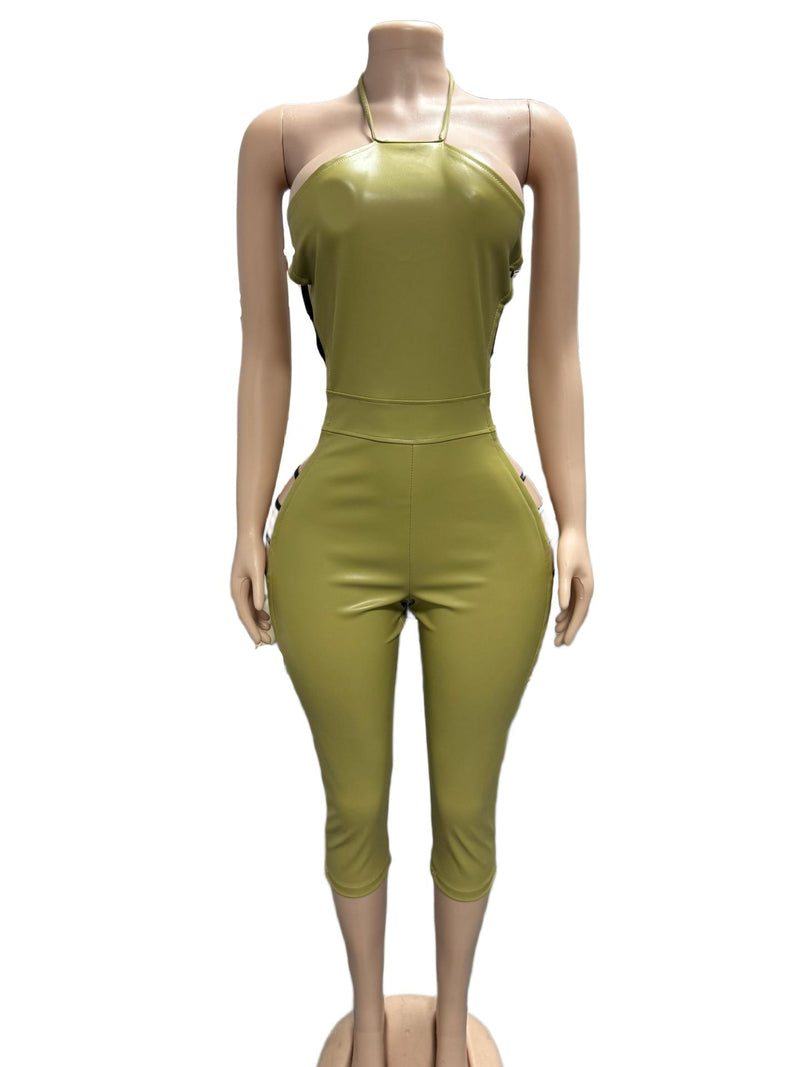 Sexy Backless PU Leather Bandage Jumpsuit Without Headscarf GFCF 1452