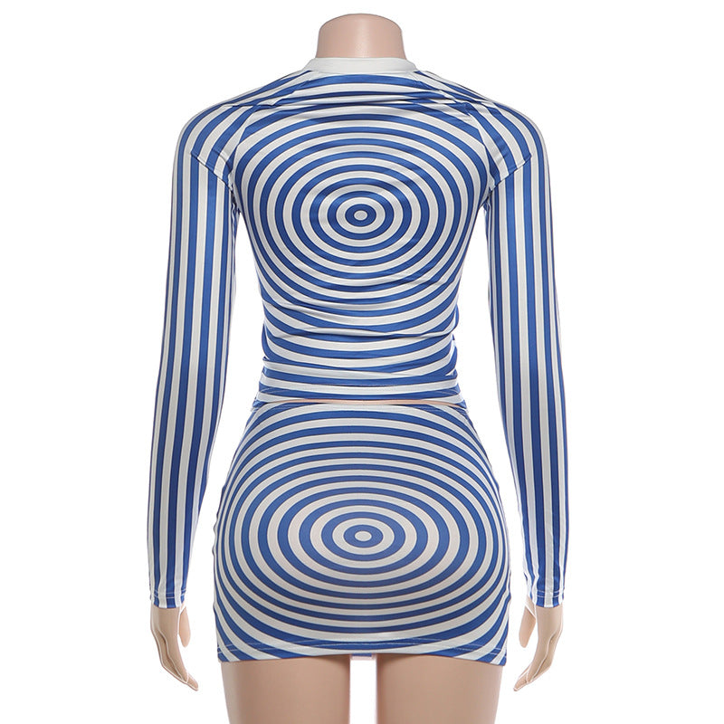 Spiral Pattern Long Sleeve Two Piece Skirts Set DLSF K6S09226A