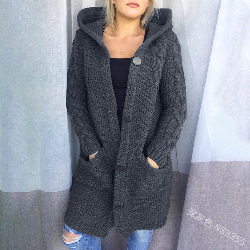 Plus Size Hooded Single Breasted Knit Long Sleeve Coat GBLH 3355