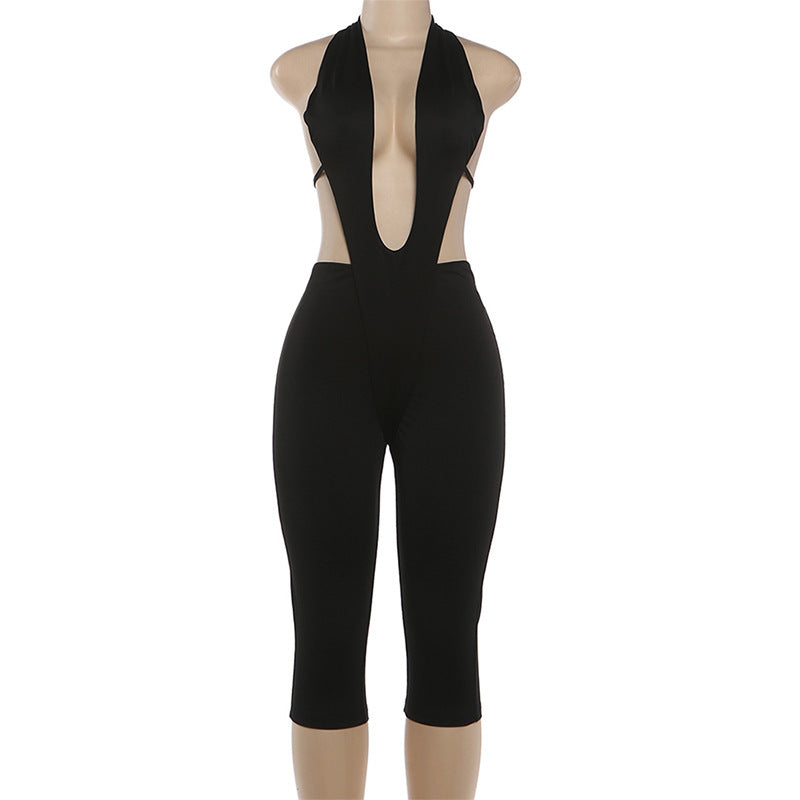 Deep V Neck Solid Color Tight Fifth Jumpsuit DLSF K6Q00634A