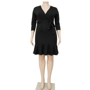 Plus Size Solid V Neck 3 4 Sleeve Ruffled Bodycon Dress NNWF 7555