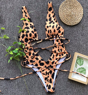 Leopard Print Cutout Tie Up One Piece Swimsuit CSYZ A992