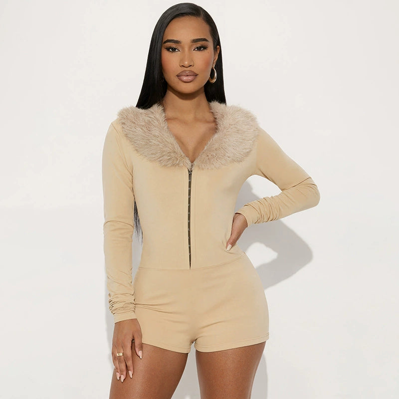 Black Zipper Long Sleeve Slim Romper GDSF J25RP389