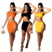 Sexy Solid Crop Tops And Split Skirt 2 Piece Set QXTF 8865