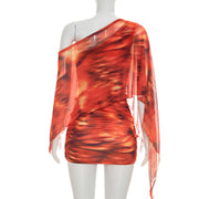Print Slash Shoulder Ruched Mini Dress GDSF Q26DS032