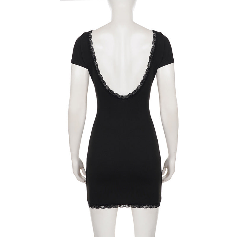 Short Sleeve Solid Color Lace Patchwork Mini Dress GPKJ MR49116