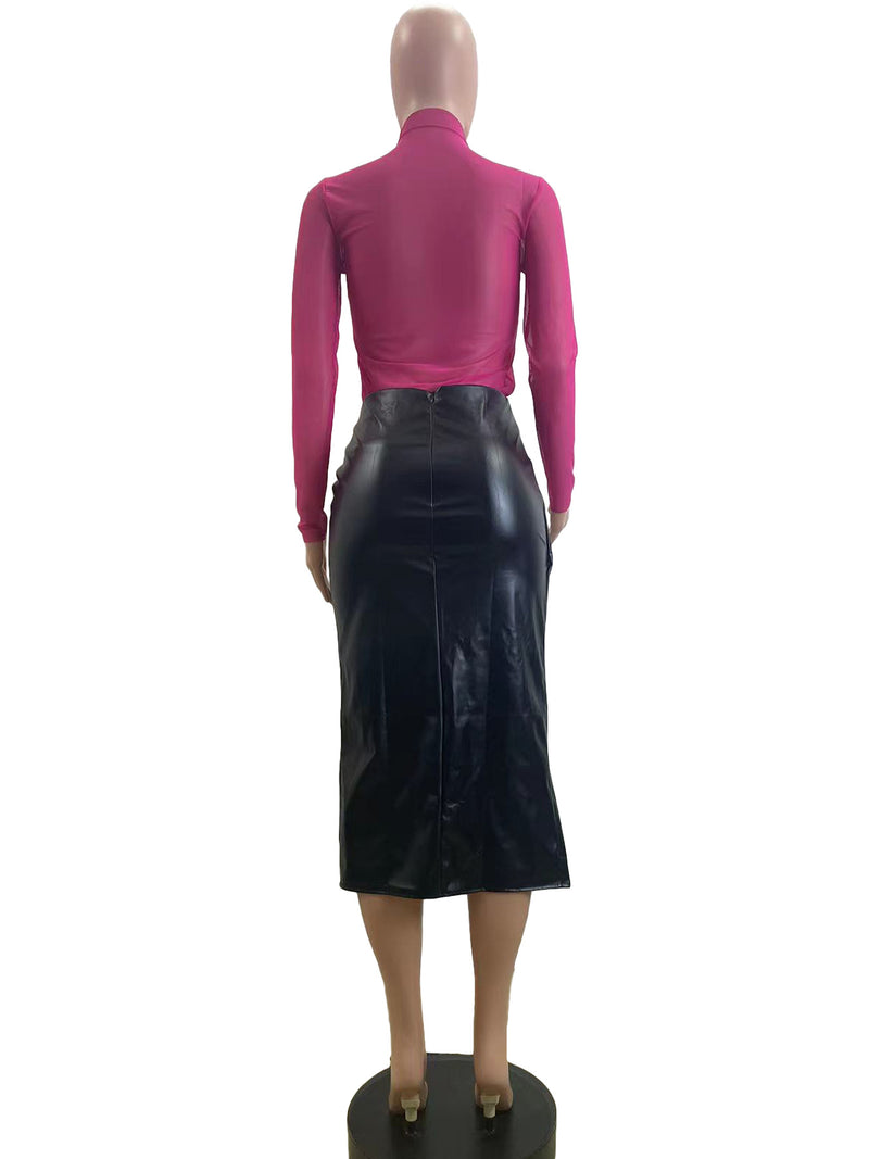 Pleated Split Irregular PU Leather Skirt QOUY M6006
