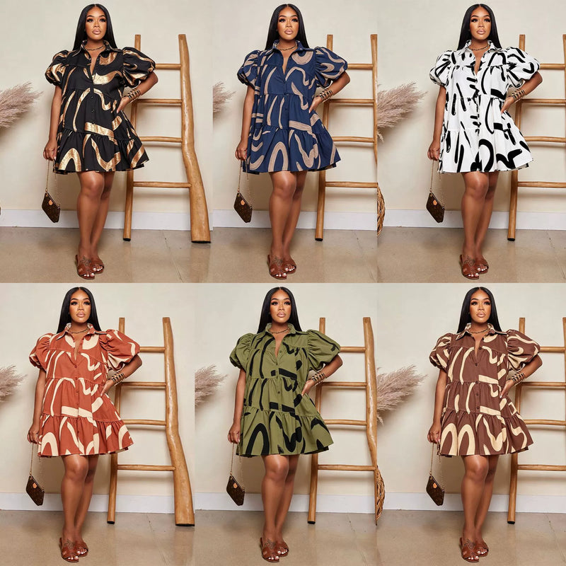 Plus Size Print Loose Short Sleeve Casual Dress GTYZ 7614