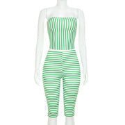 Stripe Print Warp Chest Top Seventh Pants Suit MXBF J26ST301