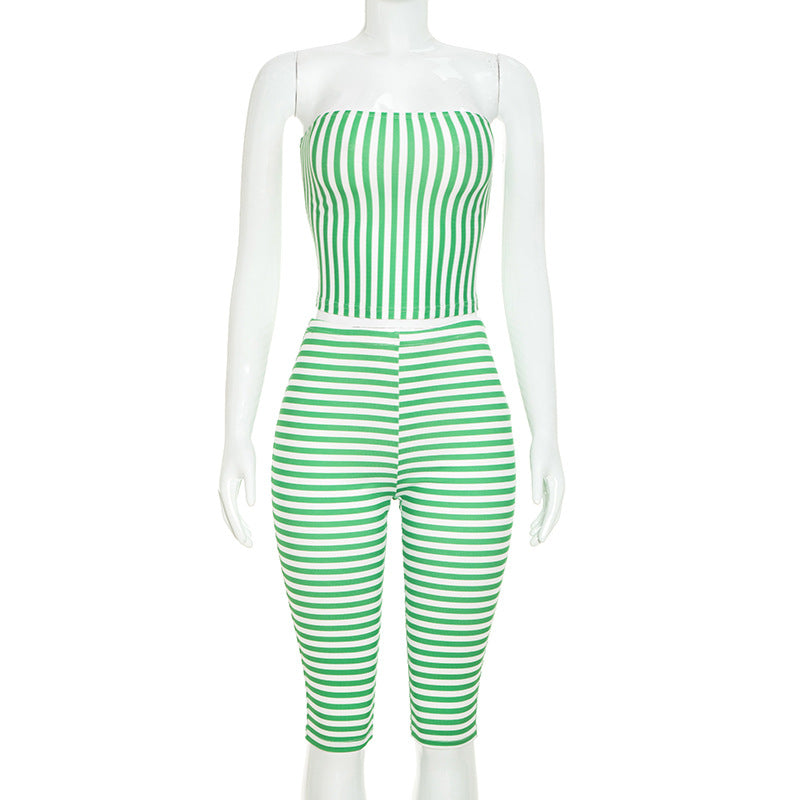 Stripe Print Warp Chest Top Seventh Pants Suit MXBF J26ST301