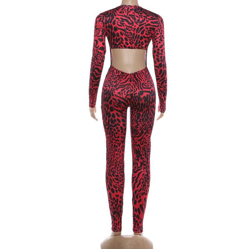 Leopard Print V Neck Tight Jumpsuit GZJQ K6Q01737A