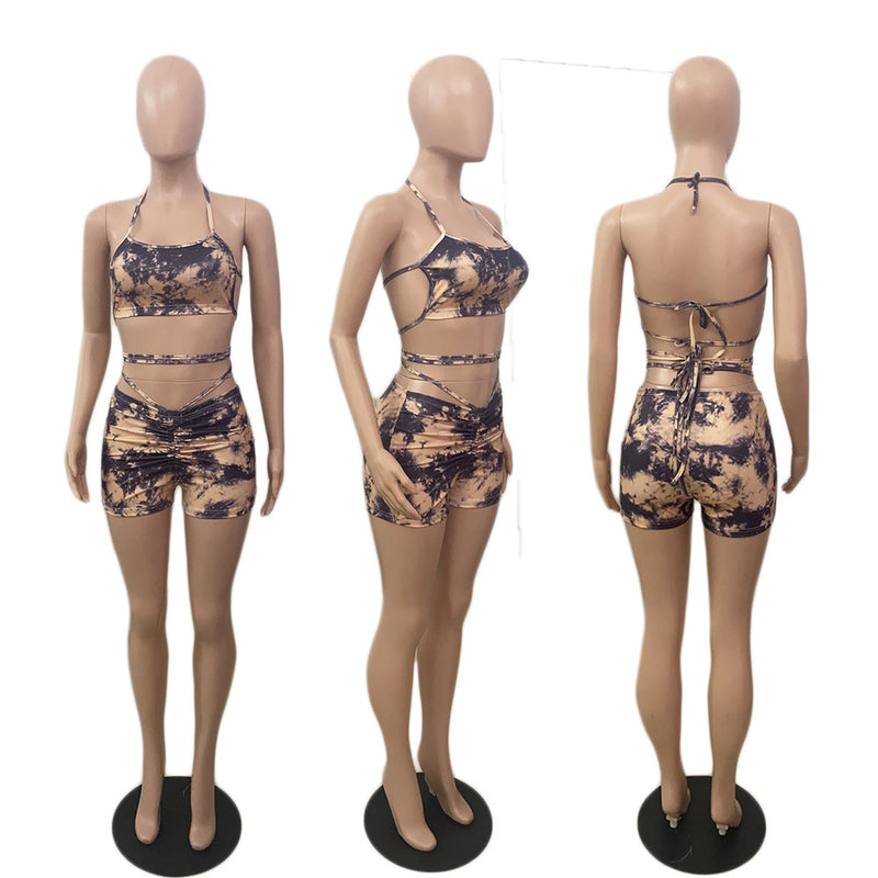 Sexy Print Sling Vest Drawstring Shorts Two Piece Set QXTF 8880