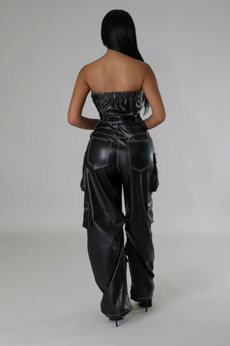 Plus Size Off Shoulder PU Leather Jumpsuit GHXF HX0395