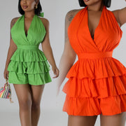 Plus Size Halterneck V Neck Ruffles Romper GHXF HX0436