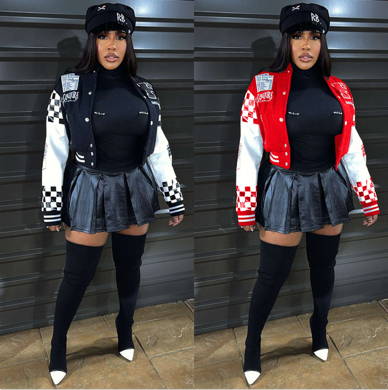 Ribbed Color Block Print Baseball Jacket YNSF 2663