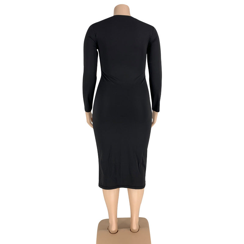 Plus Size 5XL Solid Color Long Sleeve Skinny Bodycon Midi Dress Without Belt OSIF 20972