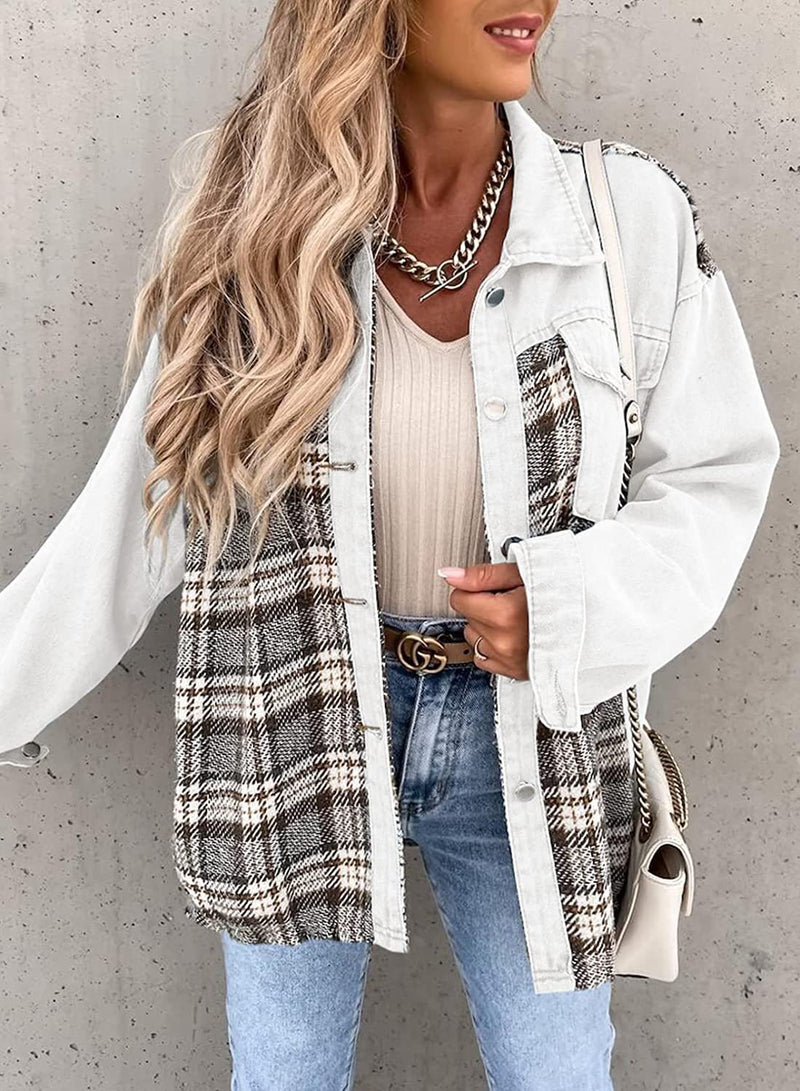 Denim Long Sleeve Plaid Shirt Jacket GOFY W220239