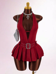 Sleeveless Deep V Neck Pleated Mini Dress GXIY K25L1743